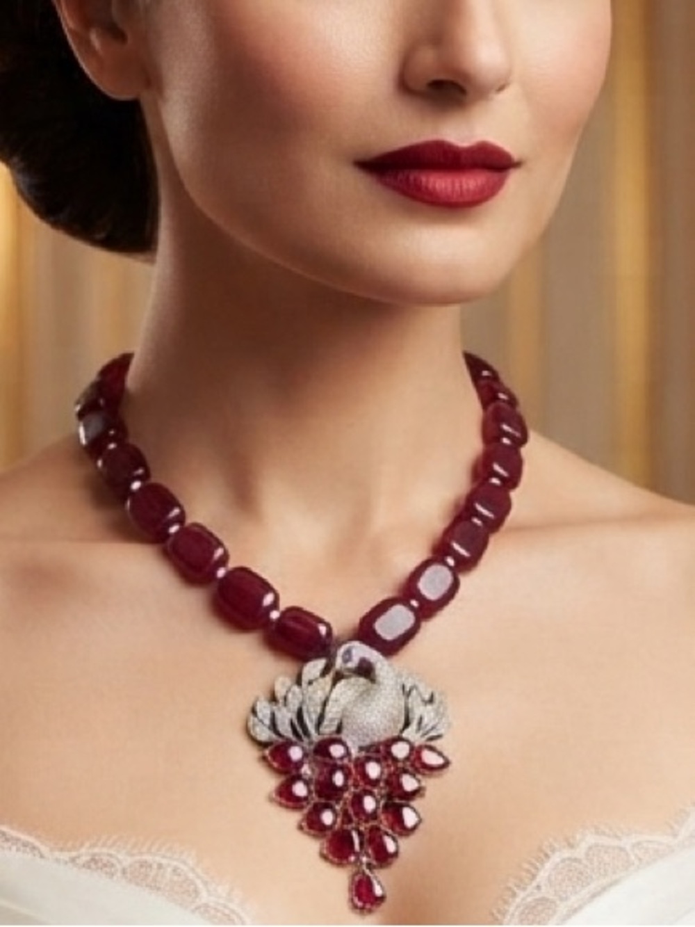 Burgundy Bead Necklace with Red Crystal Peacock Pendant